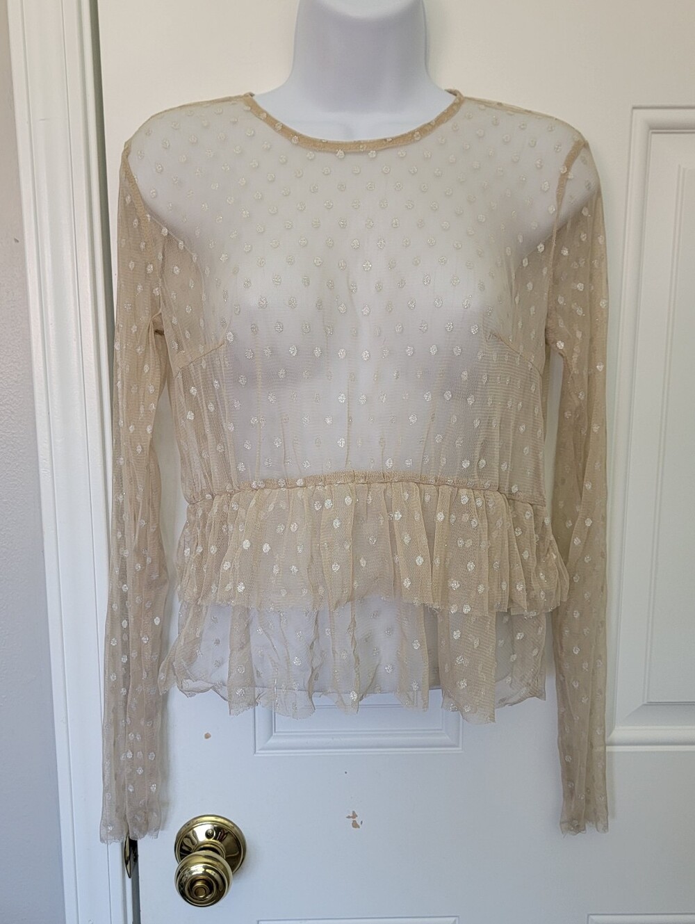 Forever 21 Sheer Mesh Polka Dot Ruffle Long Sleeve Metallic Blouse Beige Size L
